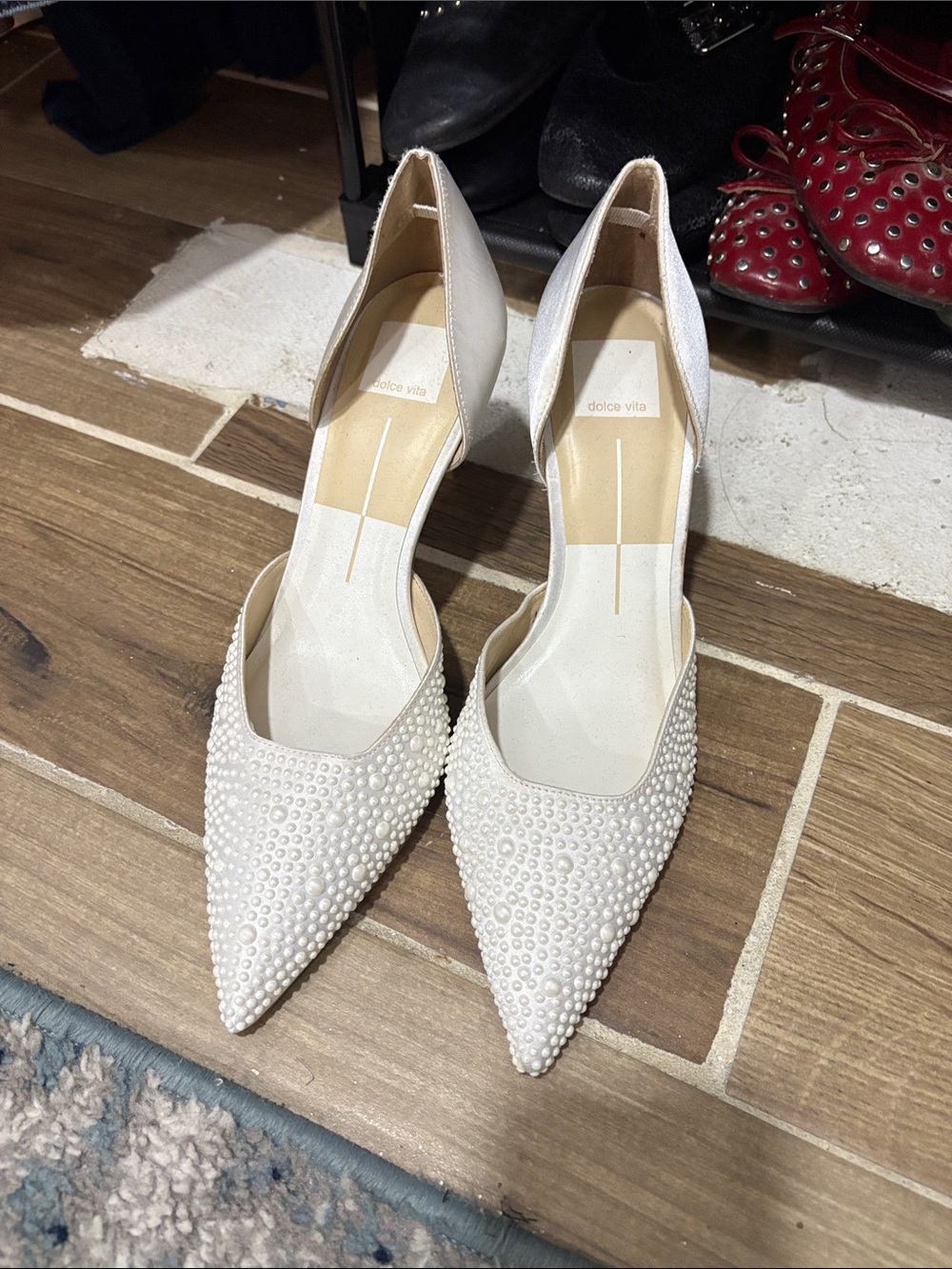 Dolce Vita Ivory Pearl-Embellished Pointed D'Orsay Heels
